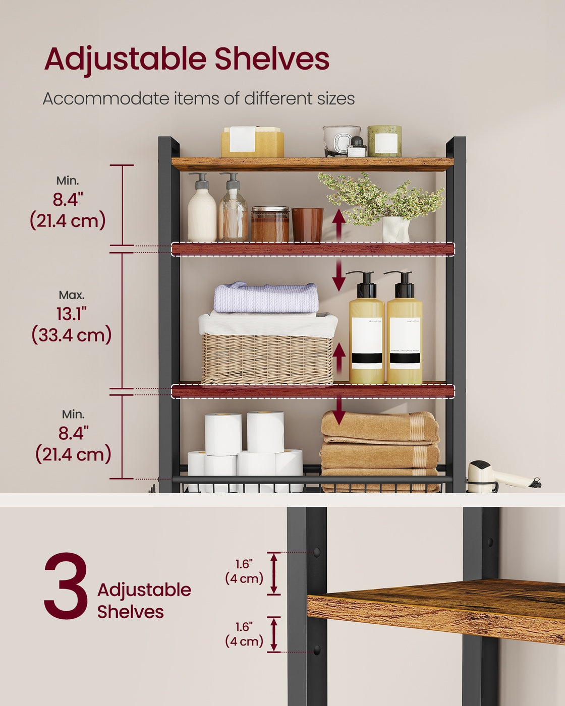 Bathroom organizer with adjustable shelves, basket and hooks over toilet - image 26