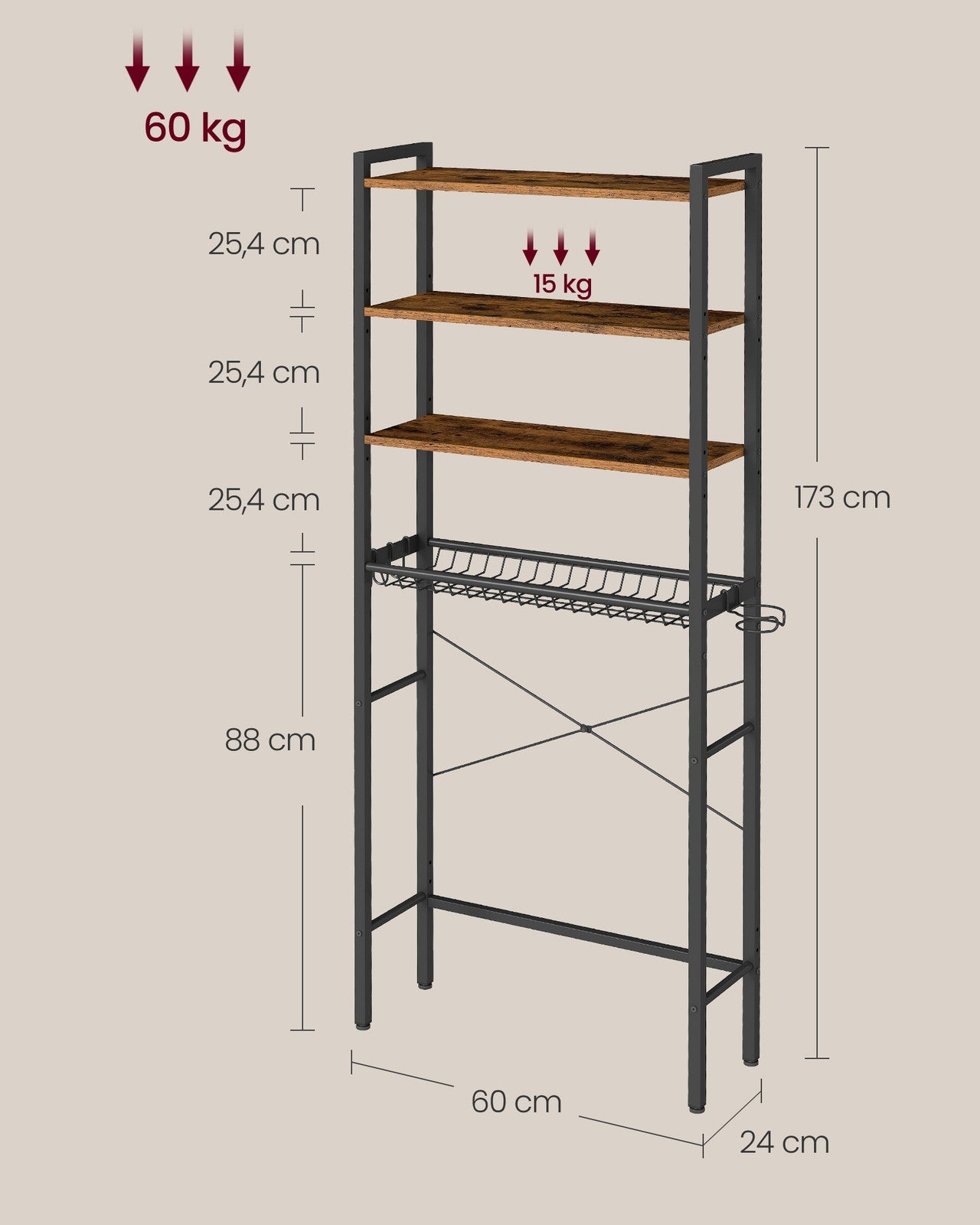 Bathroom organizer with adjustable shelves, basket and hooks over toilet - image 28