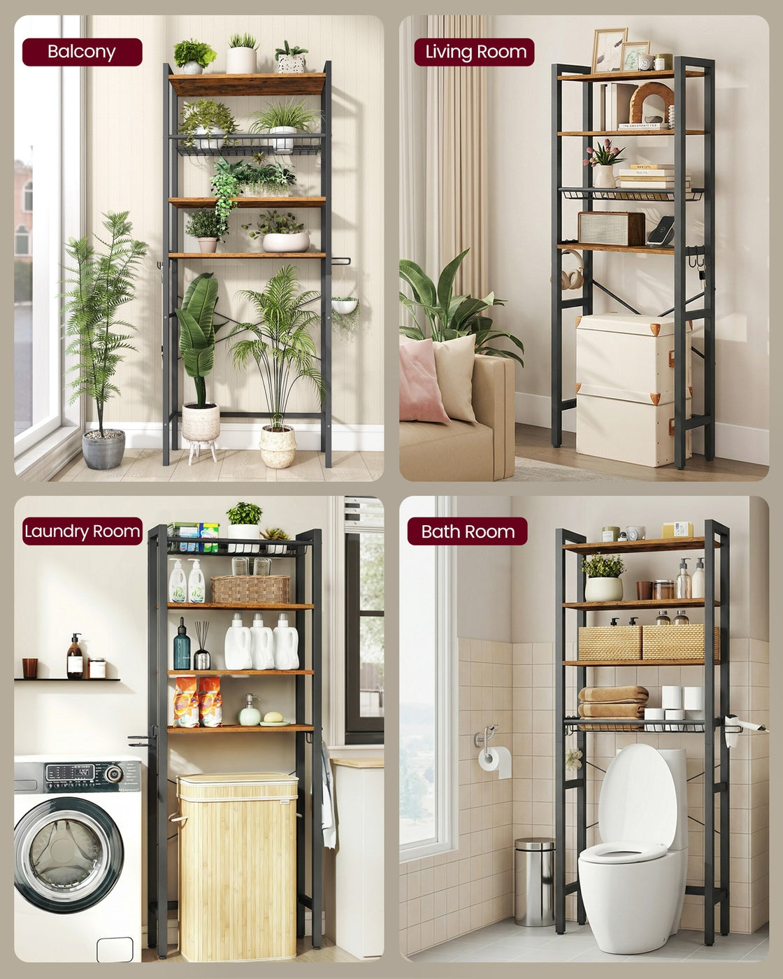 Bathroom organizer with adjustable shelves, basket and hooks over toilet - image 30