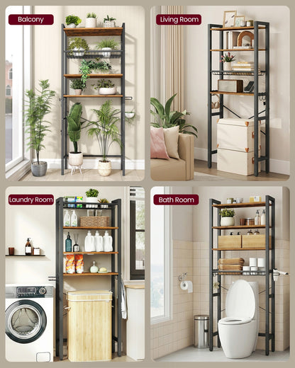 Bathroom organizer with adjustable shelves, basket and hooks over toilet - image 30