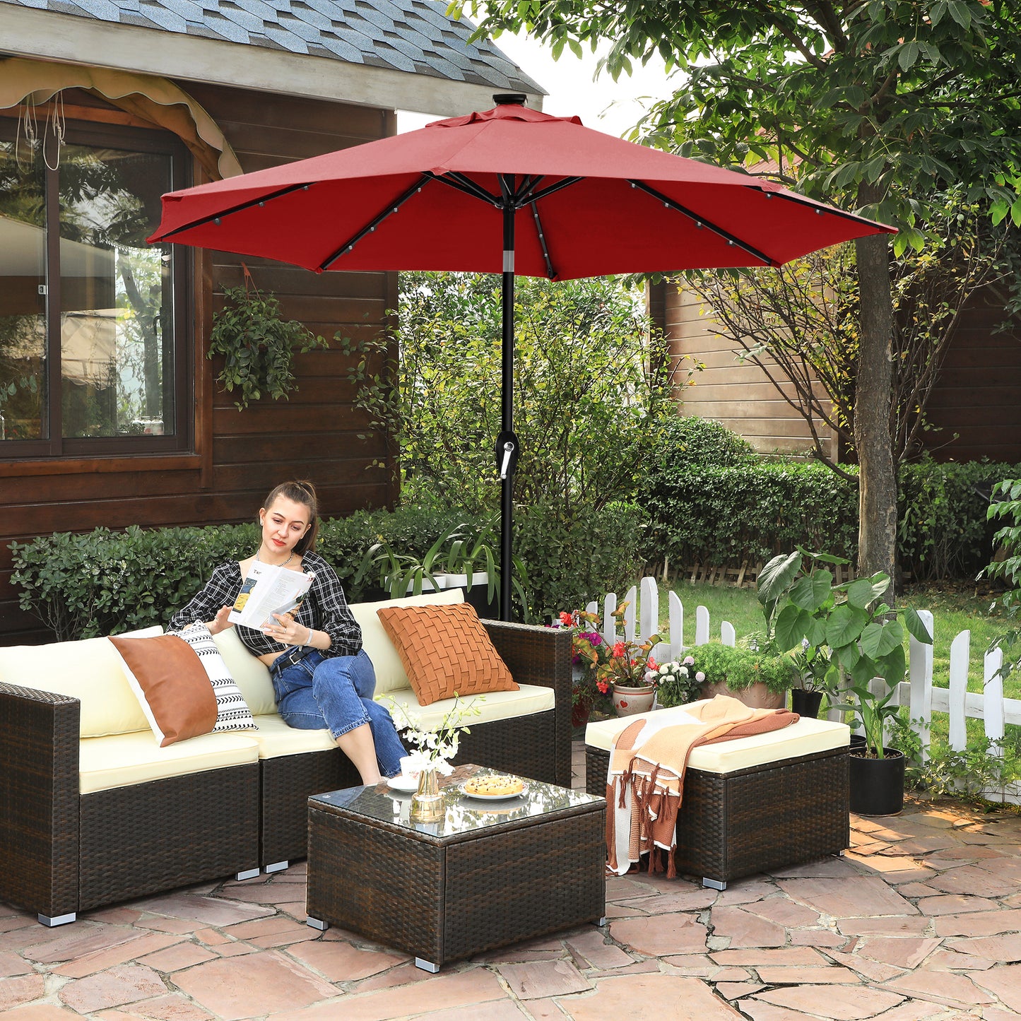 9 ft Solar Patio Umbrella Red - image 2