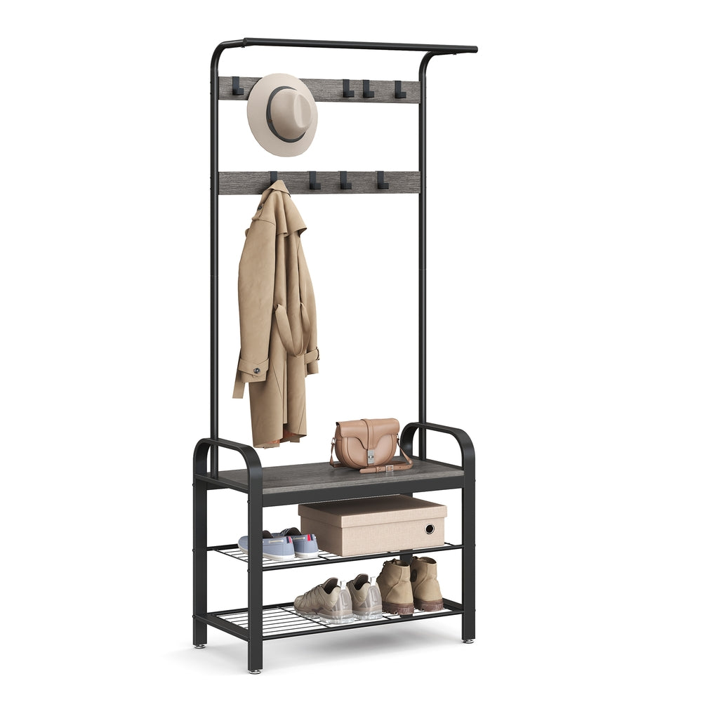 Coat Rack, Hall Tree with Shoe Bench for Entryway, Industrial Accent Furniture with Steel Frame
