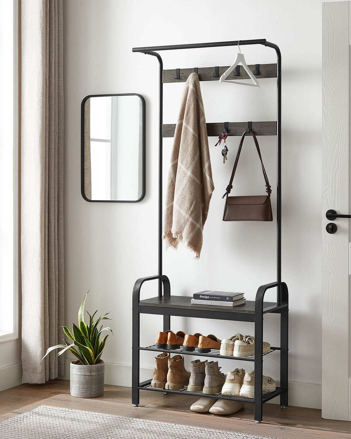 Coat Rack, Hall Tree with Shoe Bench for Entryway, Industrial Accent Furniture with Steel Frame