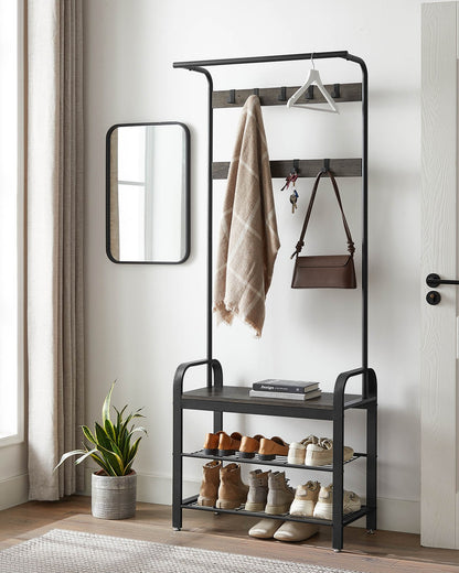Coat Rack, Hall Tree with Shoe Bench for Entryway, Industrial Accent Furniture with Steel Frame