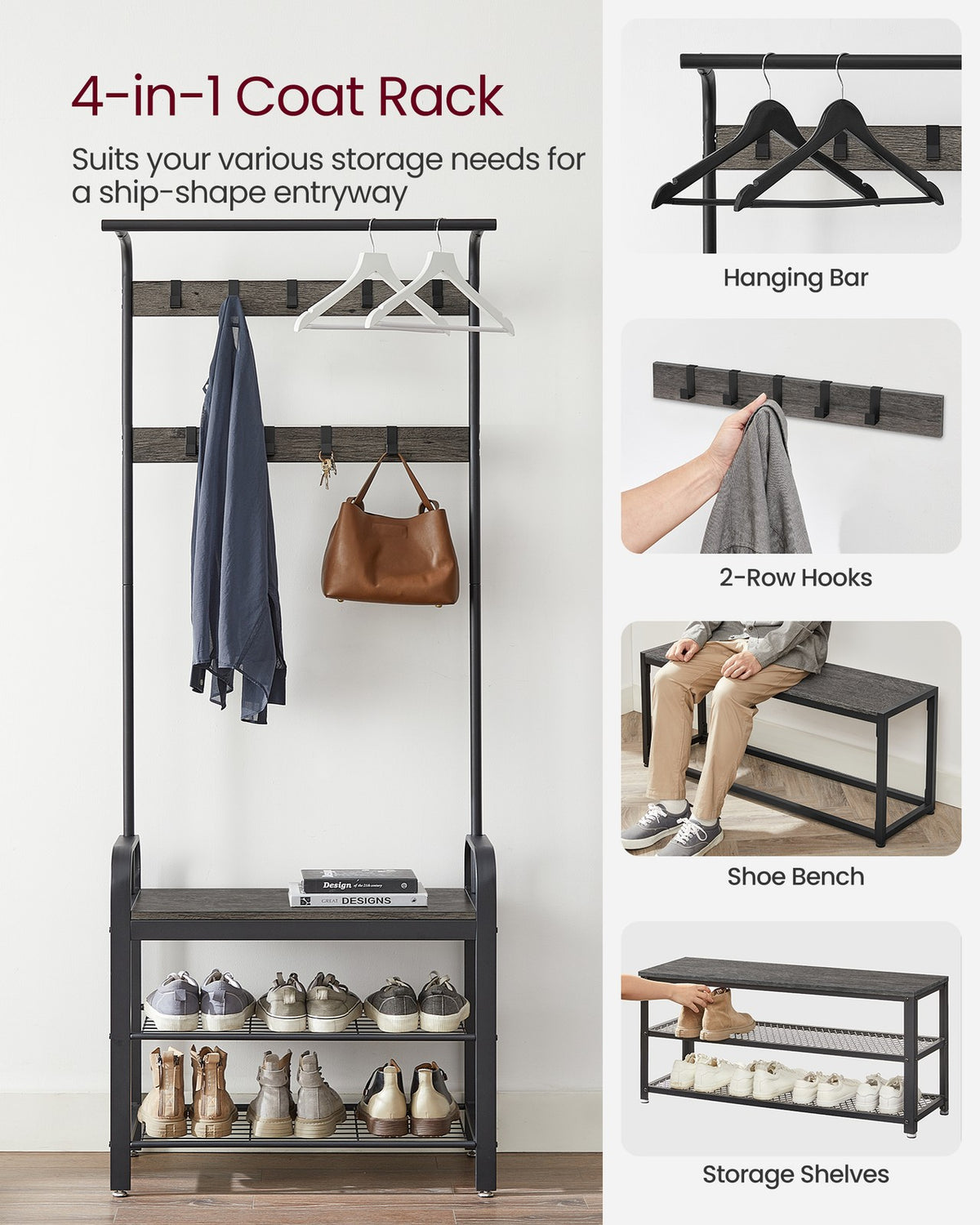 Coat Rack, Hall Tree with Shoe Bench for Entryway, Industrial Accent Furniture with Steel Frame