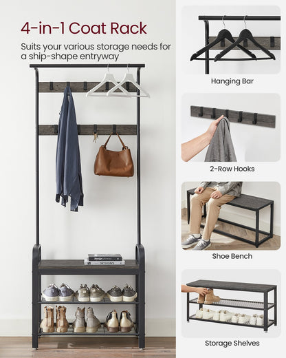 Coat Rack, Hall Tree with Shoe Bench for Entryway, Industrial Accent Furniture with Steel Frame