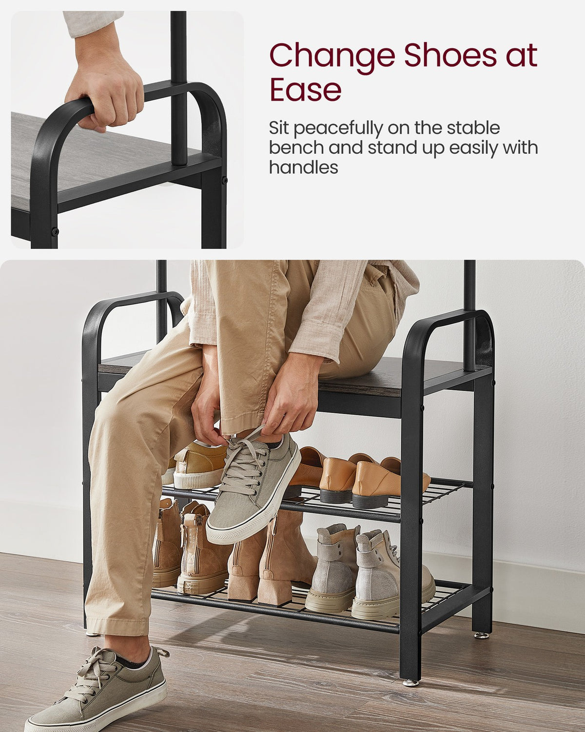 Coat Rack, Hall Tree with Shoe Bench for Entryway, Industrial Accent Furniture with Steel Frame
