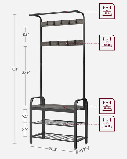 Coat Rack, Hall Tree with Shoe Bench for Entryway, Industrial Accent Furniture with Steel Frame