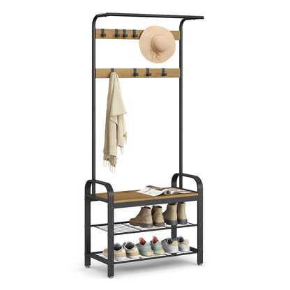 Coat Rack, Hall Tree with Shoe Bench for Entryway, Industrial Accent Furniture with Steel Frame
