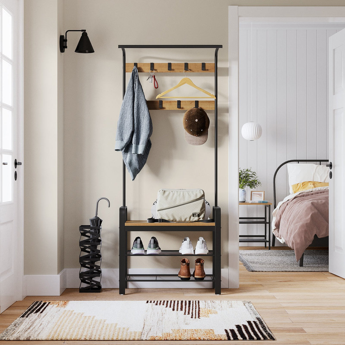 Coat Rack, Hall Tree with Shoe Bench for Entryway, Industrial Accent Furniture with Steel Frame