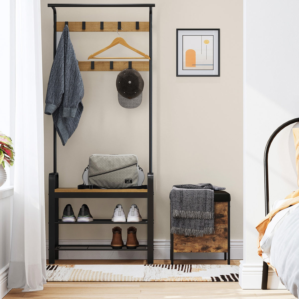 Coat Rack, Hall Tree with Shoe Bench for Entryway, Industrial Accent Furniture with Steel Frame