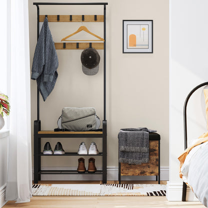 Coat Rack, Hall Tree with Shoe Bench for Entryway, Industrial Accent Furniture with Steel Frame