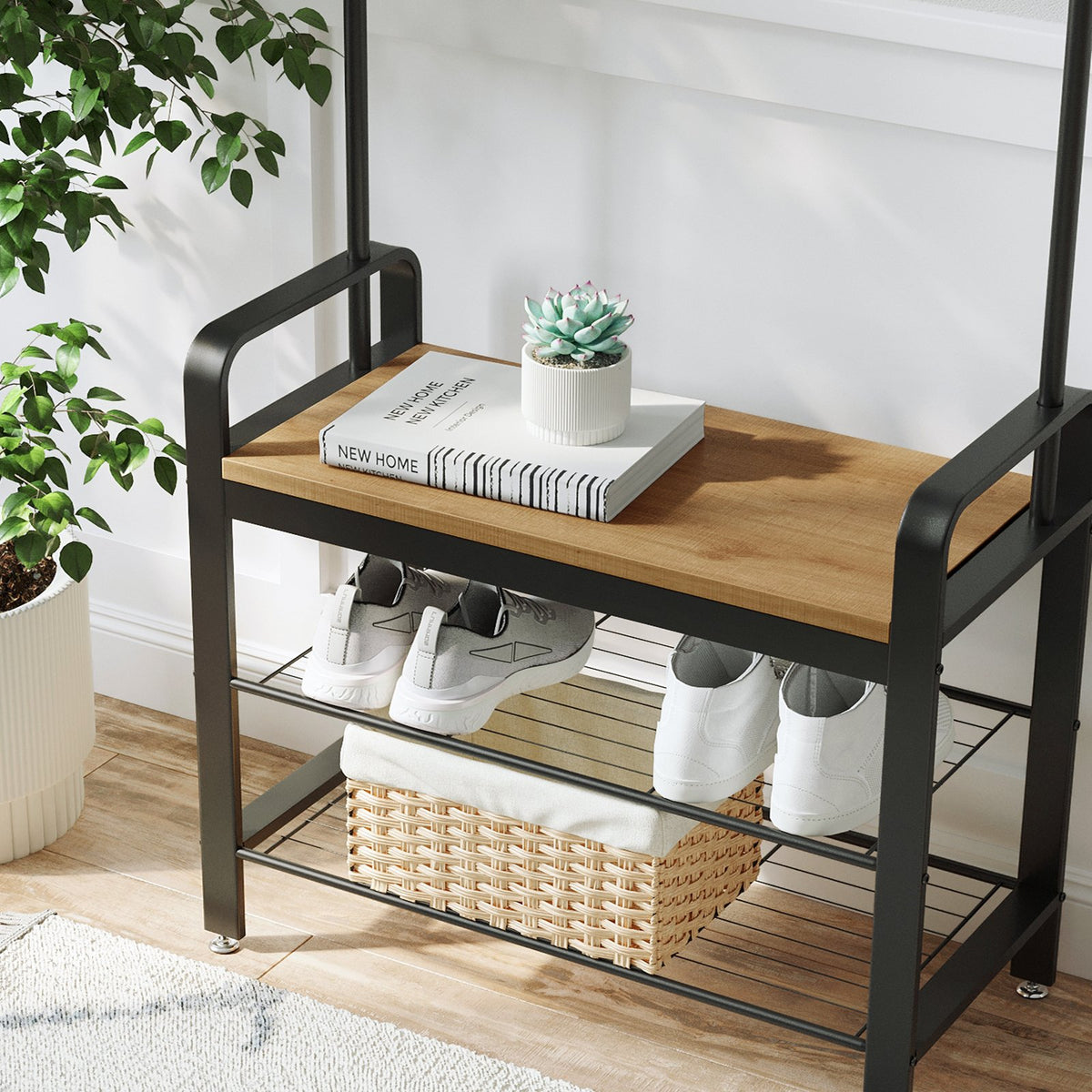 Coat Rack, Hall Tree with Shoe Bench for Entryway, Industrial Accent Furniture with Steel Frame