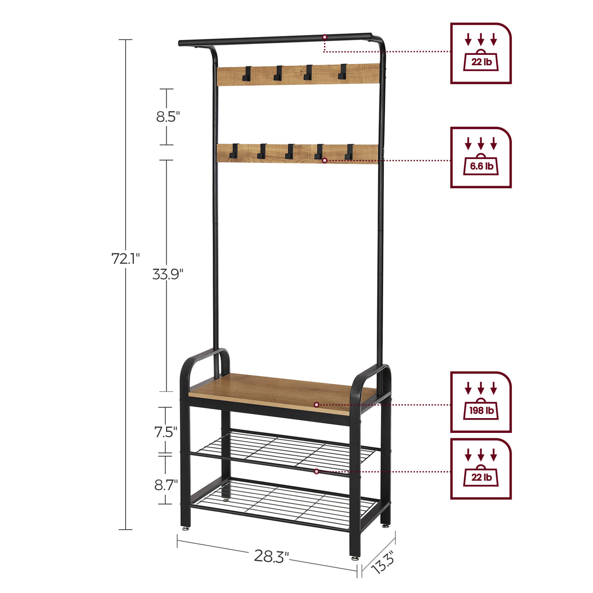 Coat Rack, Hall Tree with Shoe Bench for Entryway, Industrial Accent Furniture with Steel Frame