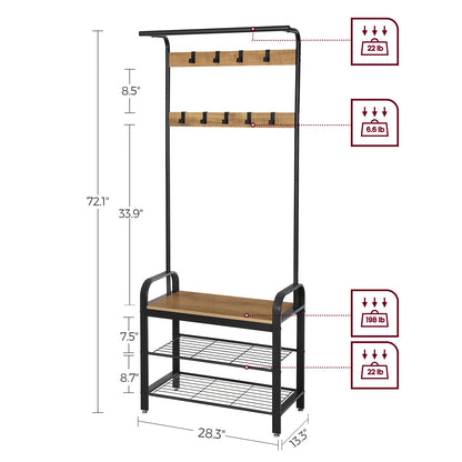 Coat Rack, Hall Tree with Shoe Bench for Entryway, Industrial Accent Furniture with Steel Frame