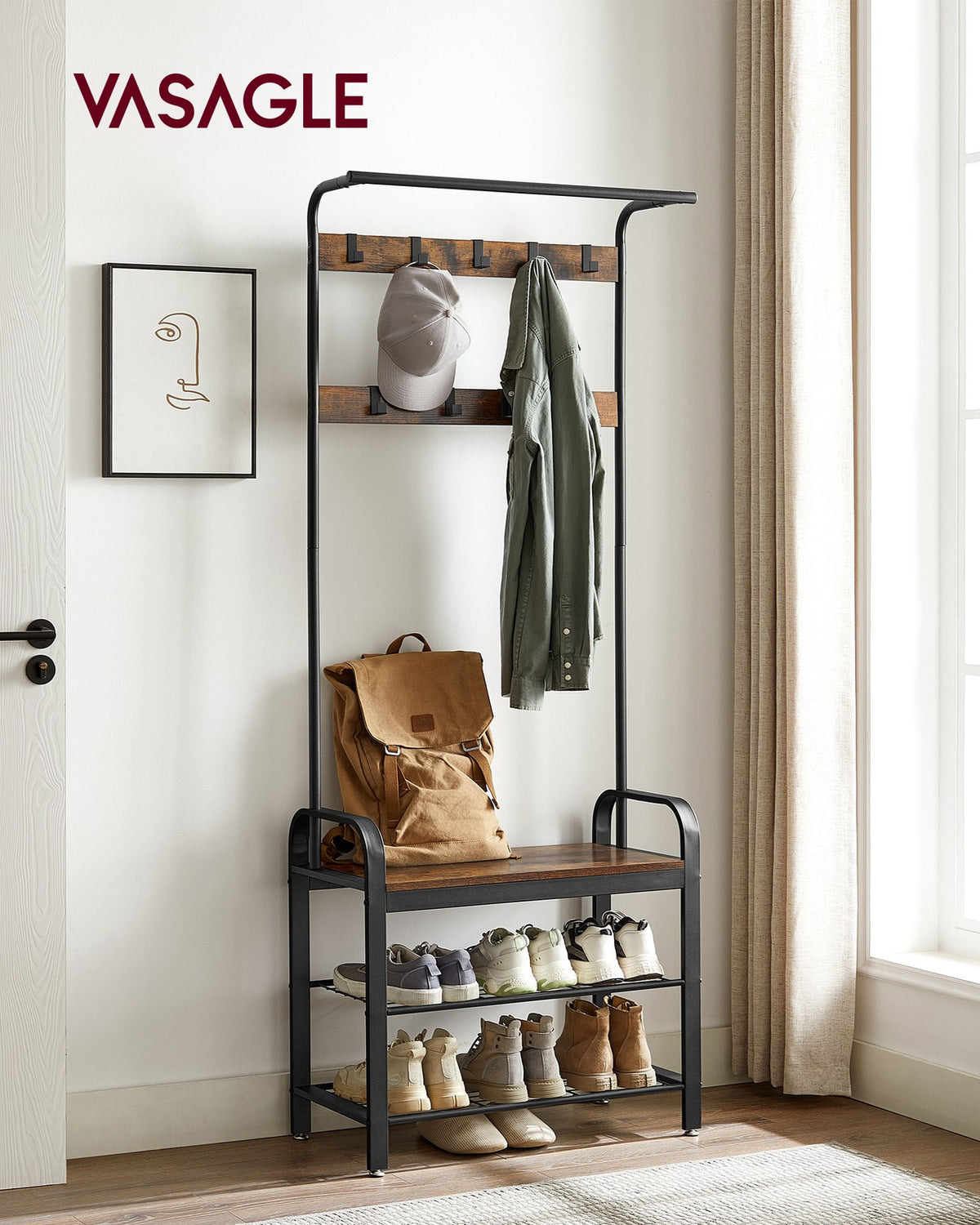 Coat Rack, Hall Tree with Shoe Bench for Entryway, Industrial Accent Furniture with Steel Frame