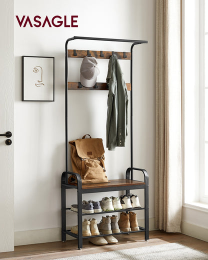 Coat Rack, Hall Tree with Shoe Bench for Entryway, Industrial Accent Furniture with Steel Frame