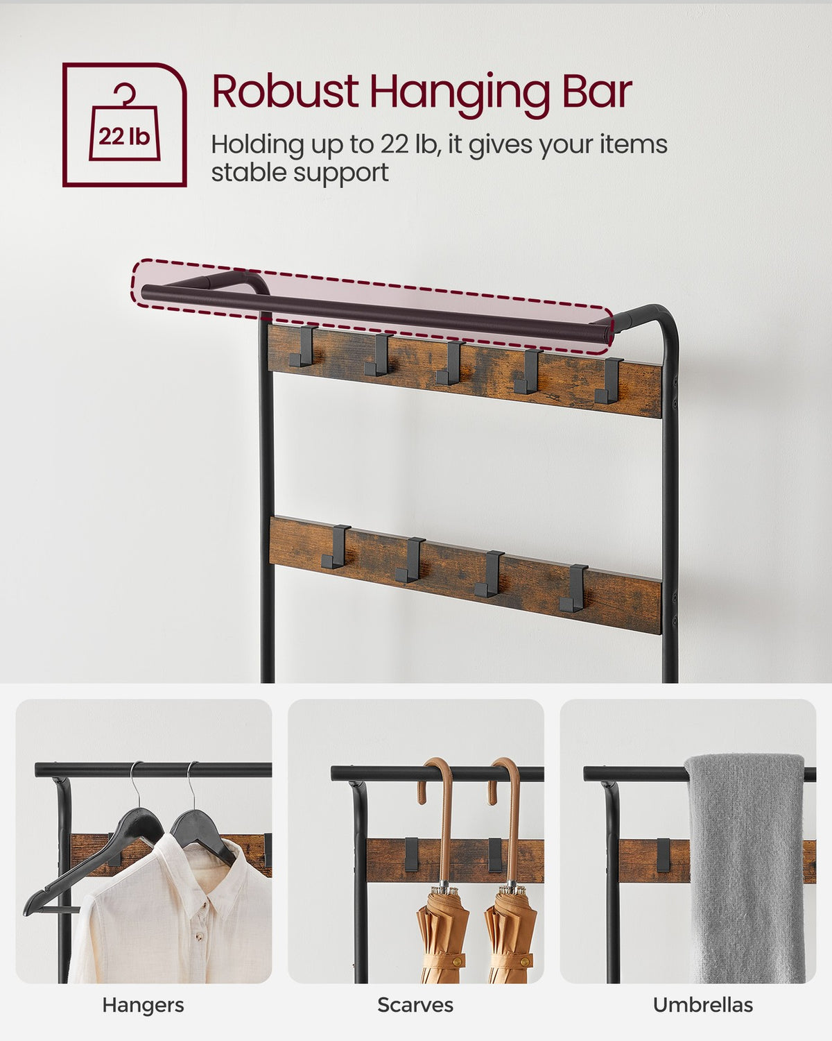 Coat Rack, Hall Tree with Shoe Bench for Entryway, Industrial Accent Furniture with Steel Frame