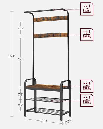 Coat Rack, Hall Tree with Shoe Bench for Entryway, Industrial Accent Furniture with Steel Frame