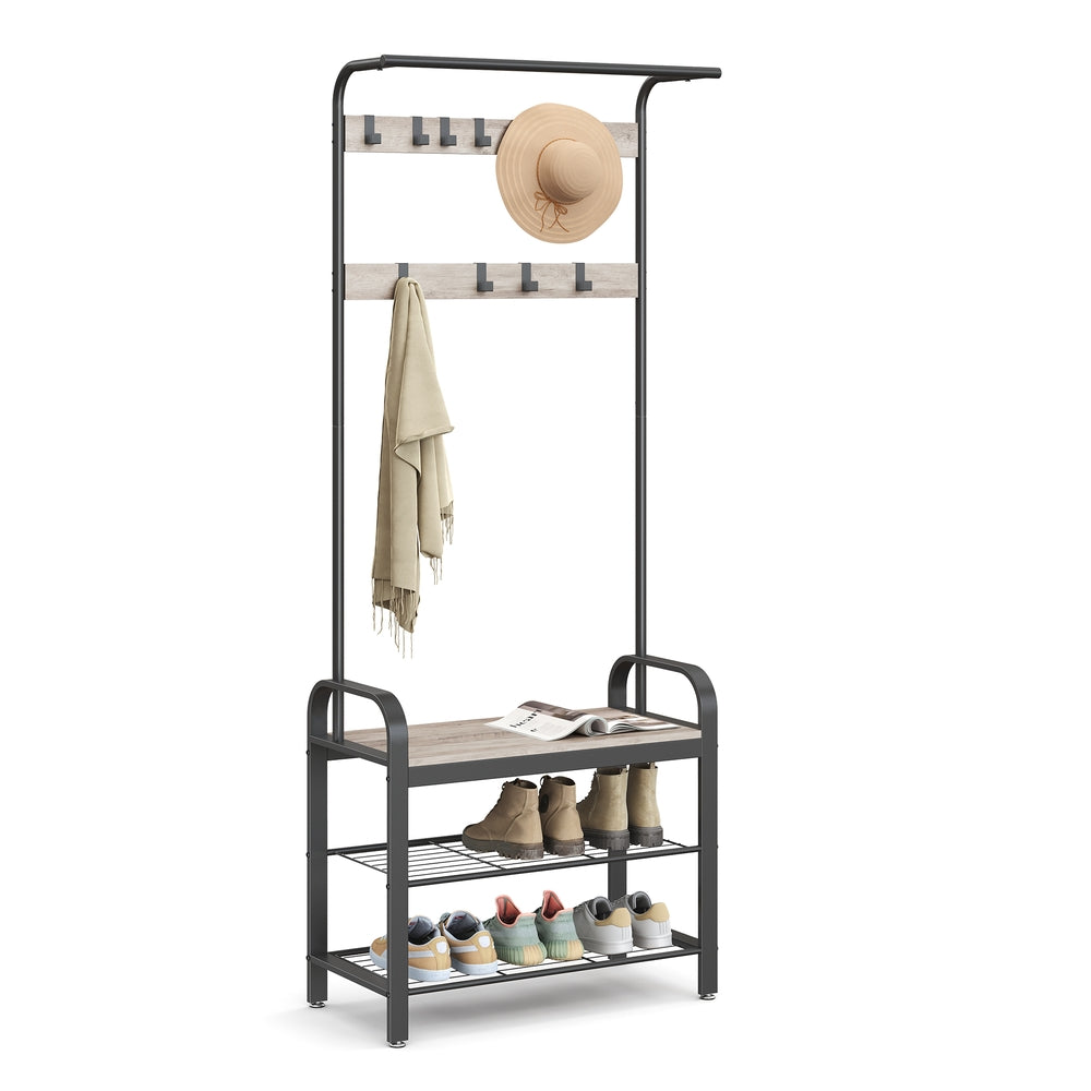 HWLEXTRA Coat Rack, Shoe Bench, Hall Tree with Storage Shelf for Entryway, Industrial Accent Furniture with Steel Frame, 3-in-1 Design, Easy Assembly, Greige and Black