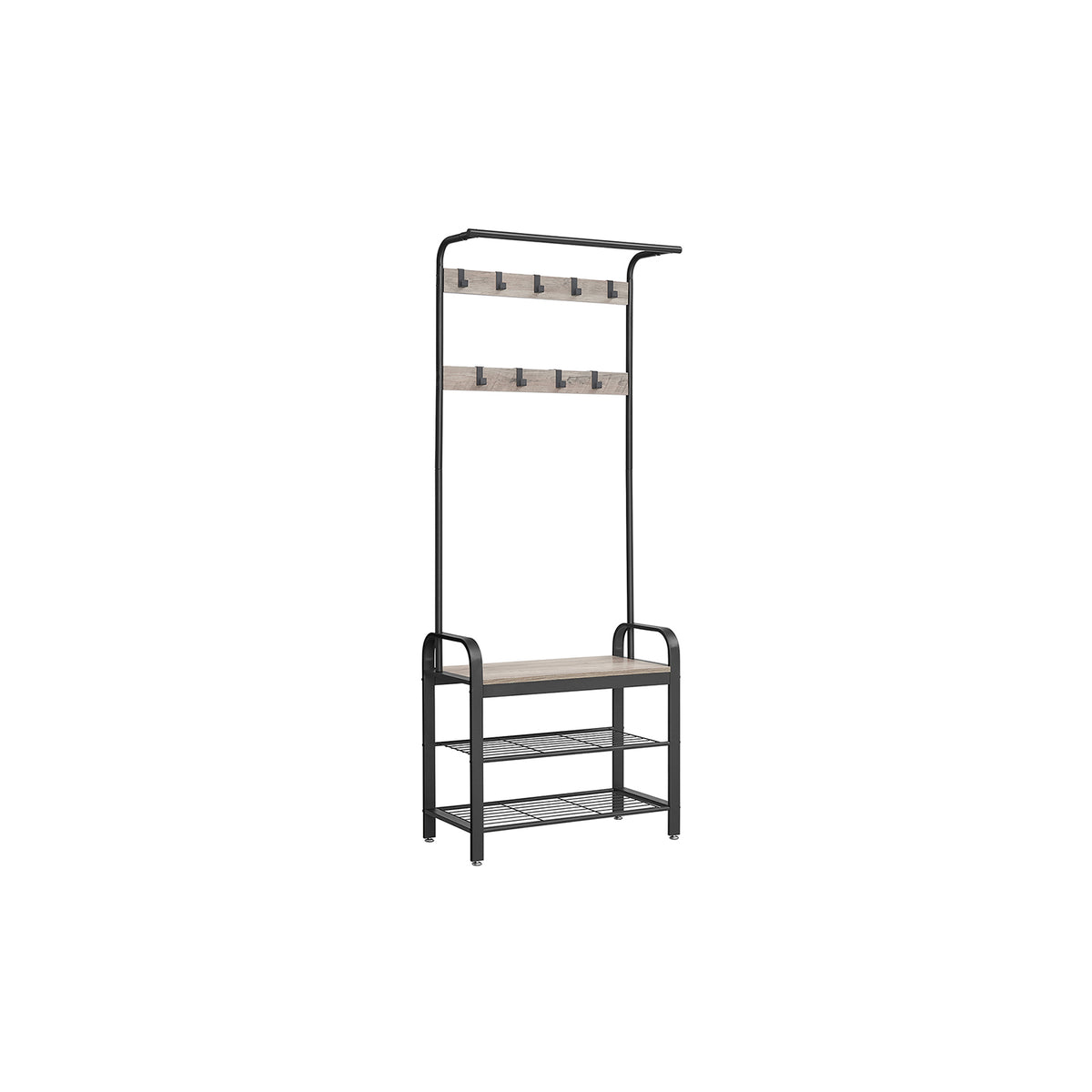 HWLEXTRA Coat Rack, Shoe Bench, Hall Tree with Storage Shelf for Entryway, Industrial Accent Furniture with Steel Frame, 3-in-1 Design, Easy Assembly, Greige and Black