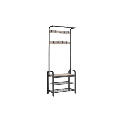 HWLEXTRA Coat Rack, Shoe Bench, Hall Tree with Storage Shelf for Entryway, Industrial Accent Furniture with Steel Frame, 3-in-1 Design, Easy Assembly, Greige and Black
