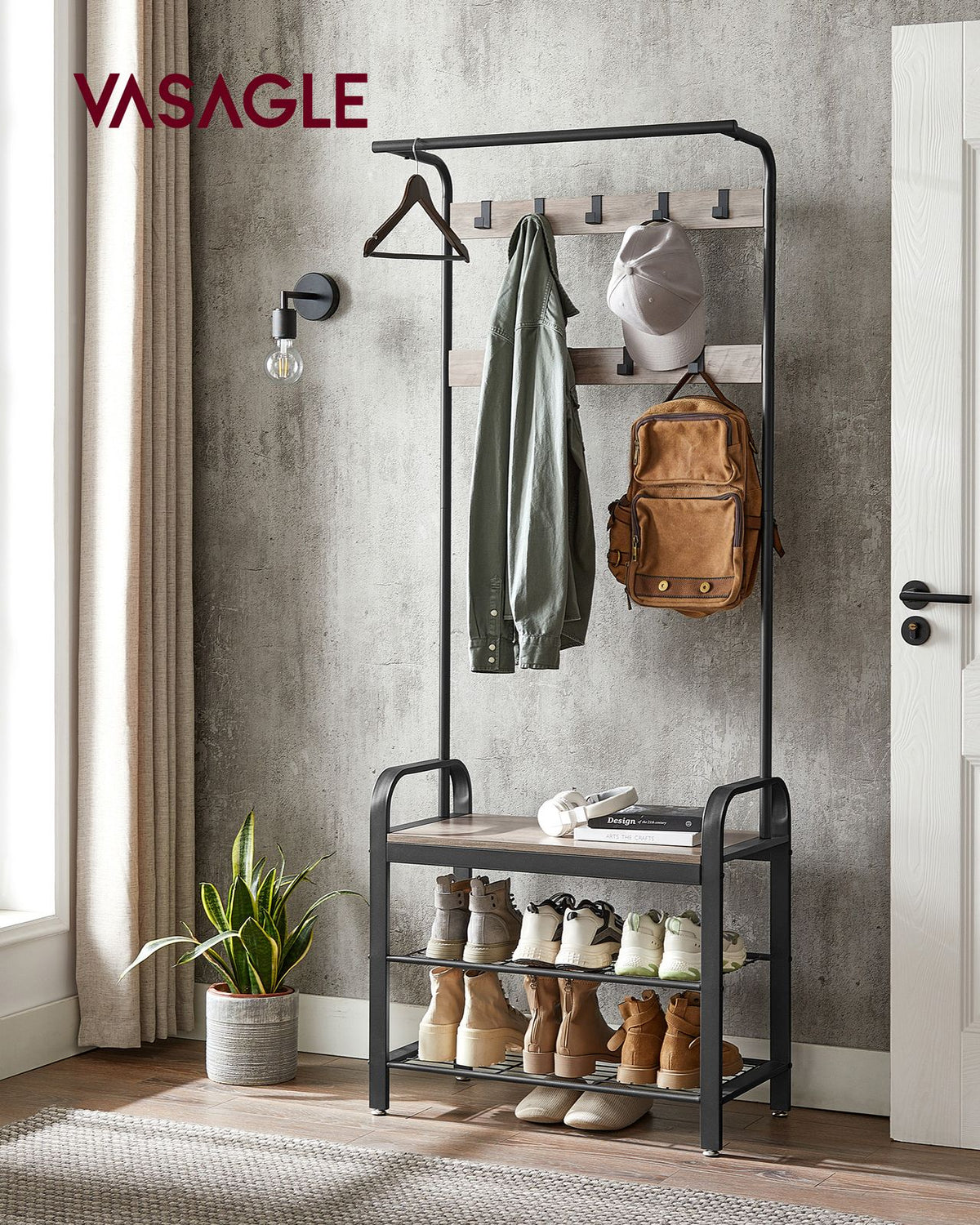 Coat Rack, Hall Tree with Shoe Bench for Entryway, Industrial Accent Furniture with Steel Frame