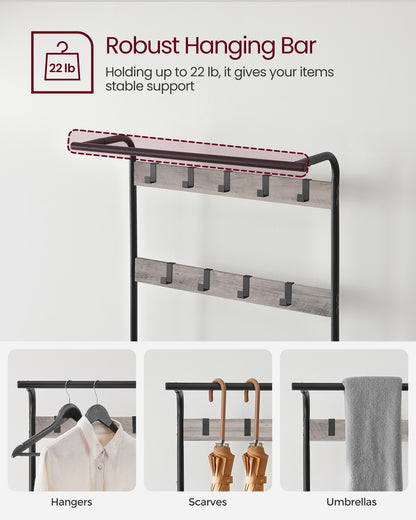 HWLEXTRA Coat Rack, Shoe Bench, Hall Tree with Storage Shelf for Entryway, Industrial Accent Furniture with Steel Frame, 3-in-1 Design, Easy Assembly, Greige and Black