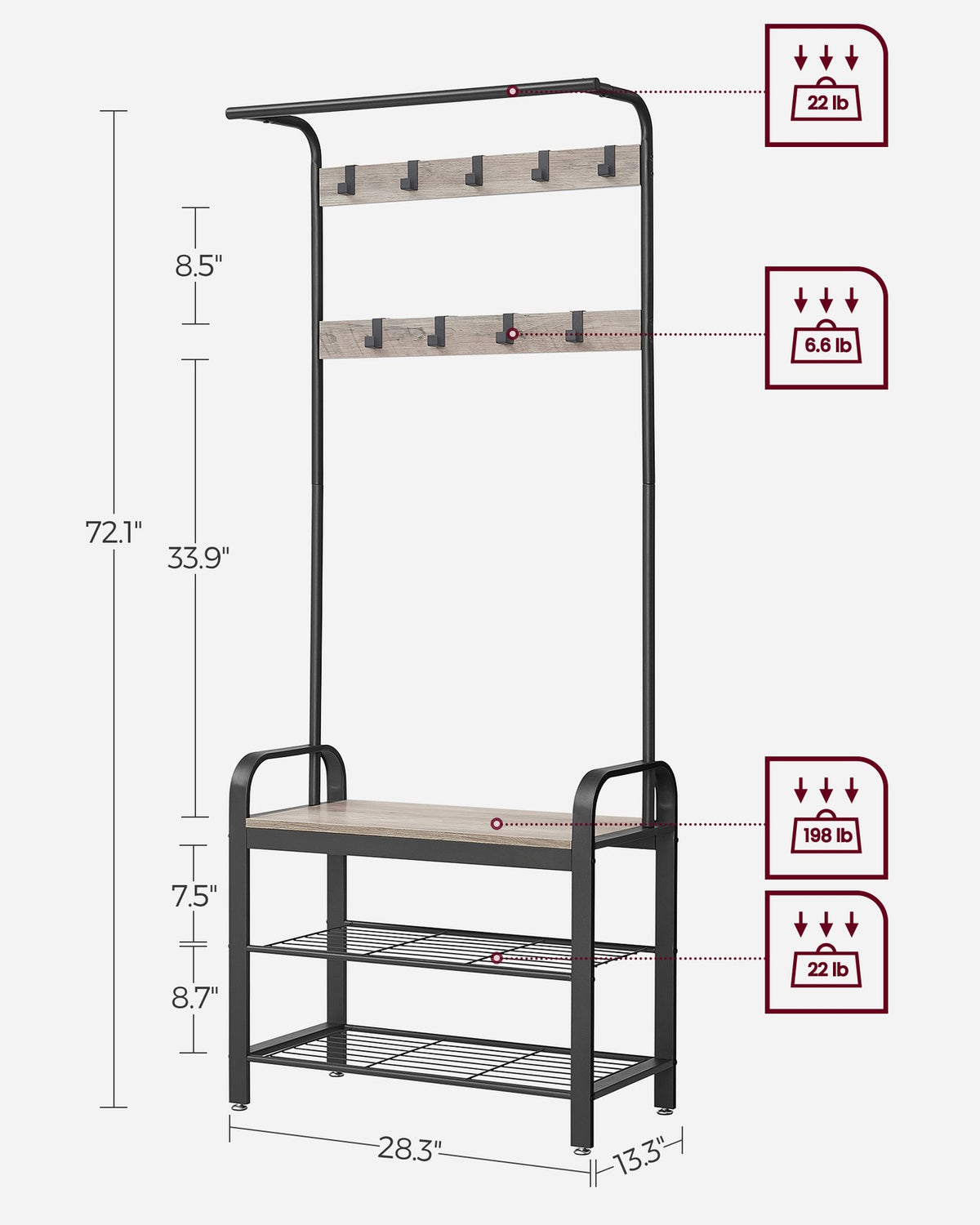 Coat Rack, Hall Tree with Shoe Bench for Entryway, Industrial Accent Furniture with Steel Frame