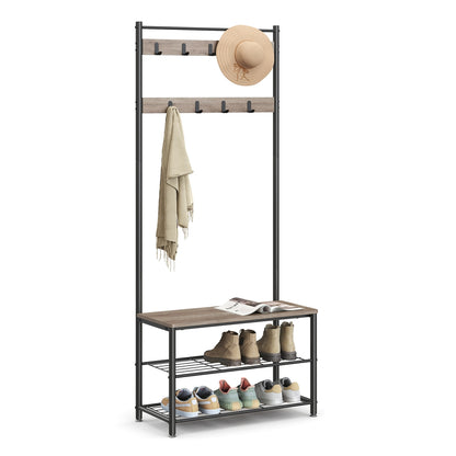 HWLEXTRA Coat Rack, Hall Tree Entryway Shoe Bench, Storage Shelf Organizer, Accent Furniture with Steel Frame, Industrial, Greige and Black