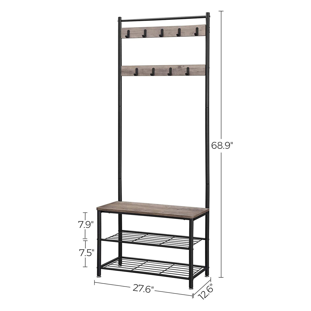 HWLEXTRA Coat Rack, Hall Tree Entryway Shoe Bench, Storage Shelf Organizer, Accent Furniture with Steel Frame, Industrial, Greige and Black