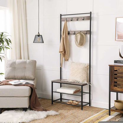 HWLEXTRA Coat Rack, Hall Tree Entryway Shoe Bench, Storage Shelf Organizer, Accent Furniture with Steel Frame, Industrial, Greige and Black