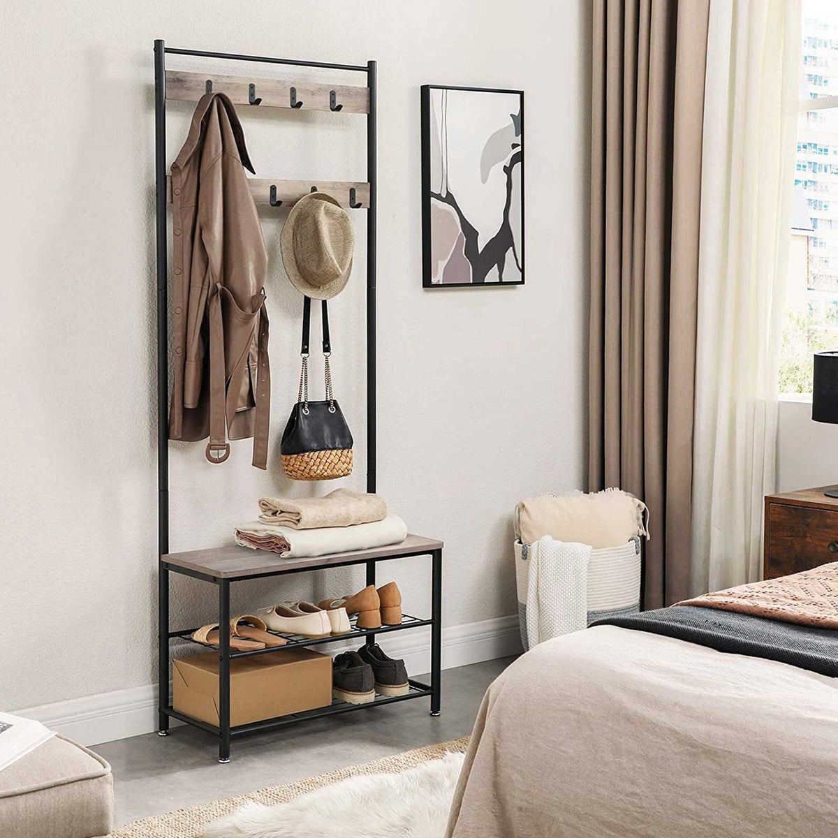 HWLEXTRA Coat Rack, Hall Tree Entryway Shoe Bench, Storage Shelf Organizer, Accent Furniture with Steel Frame, Industrial, Greige and Black