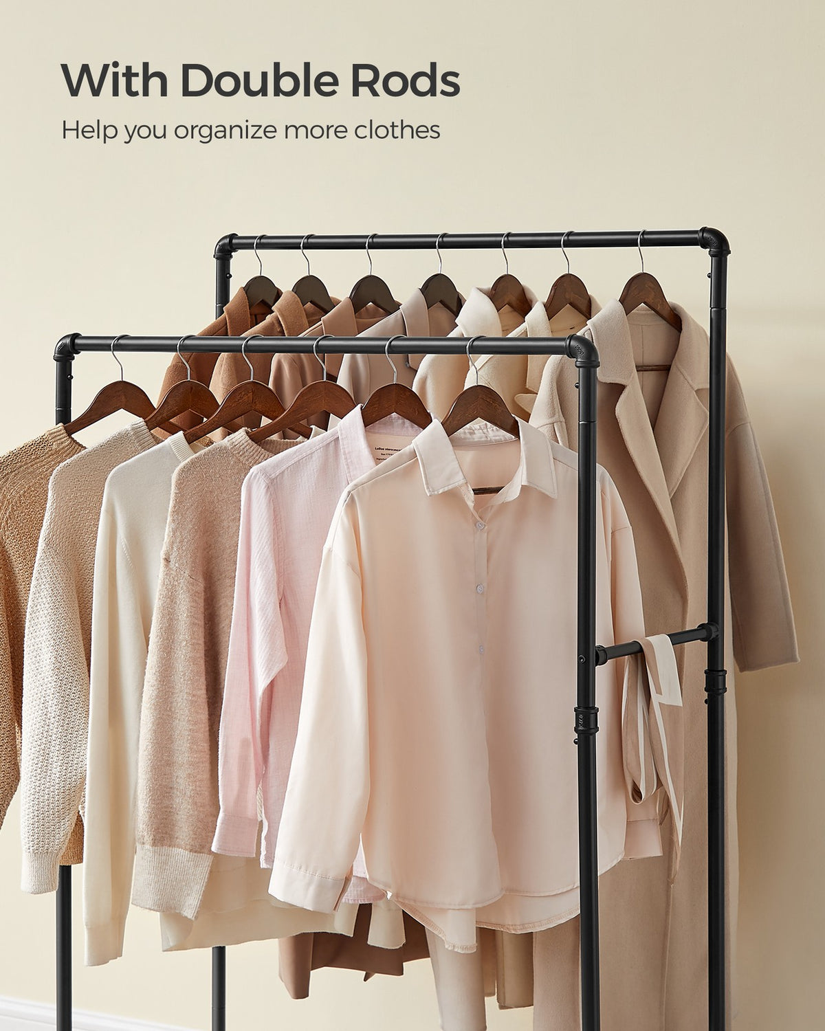 Industrial Pipe Clothes Rack Double Rail on Wheels with Commercial Grade Clothing Hanging Rack Organizer for Garment Storage Display