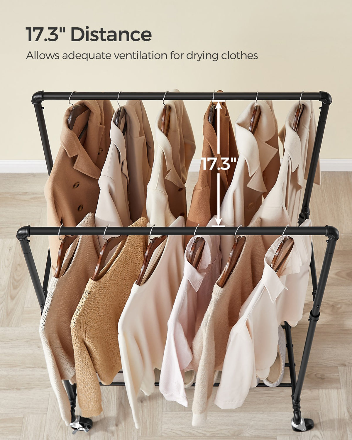 Industrial Pipe Clothes Rack Double Rail on Wheels with Commercial Grade Clothing Hanging Rack Organizer for Garment Storage Display