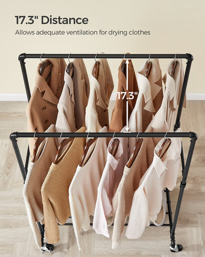 Industrial Pipe Clothes Rack Double Rail on Wheels with Commercial Grade Clothing Hanging Rack Organizer for Garment Storage Display