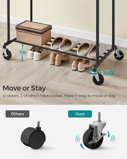 Industrial Pipe Clothes Rack Double Rail on Wheels with Commercial Grade Clothing Hanging Rack Organizer for Garment Storage Display
