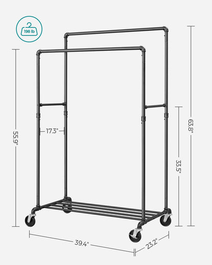 Industrial Pipe Clothes Rack Double Rail on Wheels with Commercial Grade Clothing Hanging Rack Organizer for Garment Storage Display