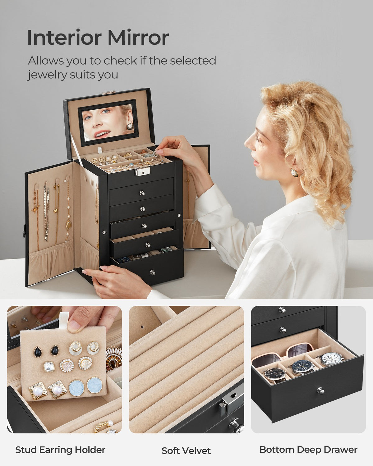 Jewelry Box, 6-Tier Large Jewelry Case with Drawers, Mirror and Lock