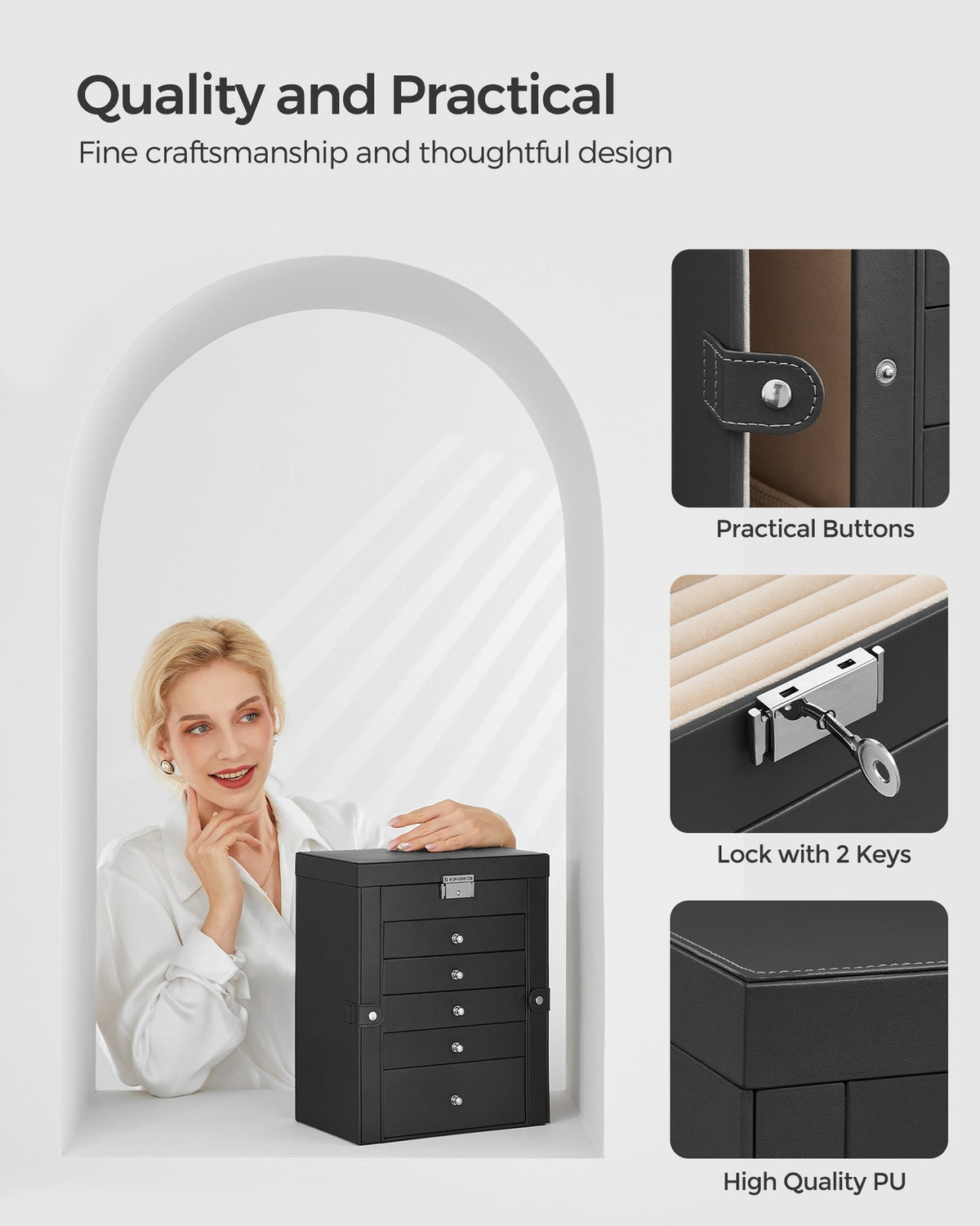Jewelry Box, 6-Tier Large Jewelry Case with Drawers, Mirror and Lock