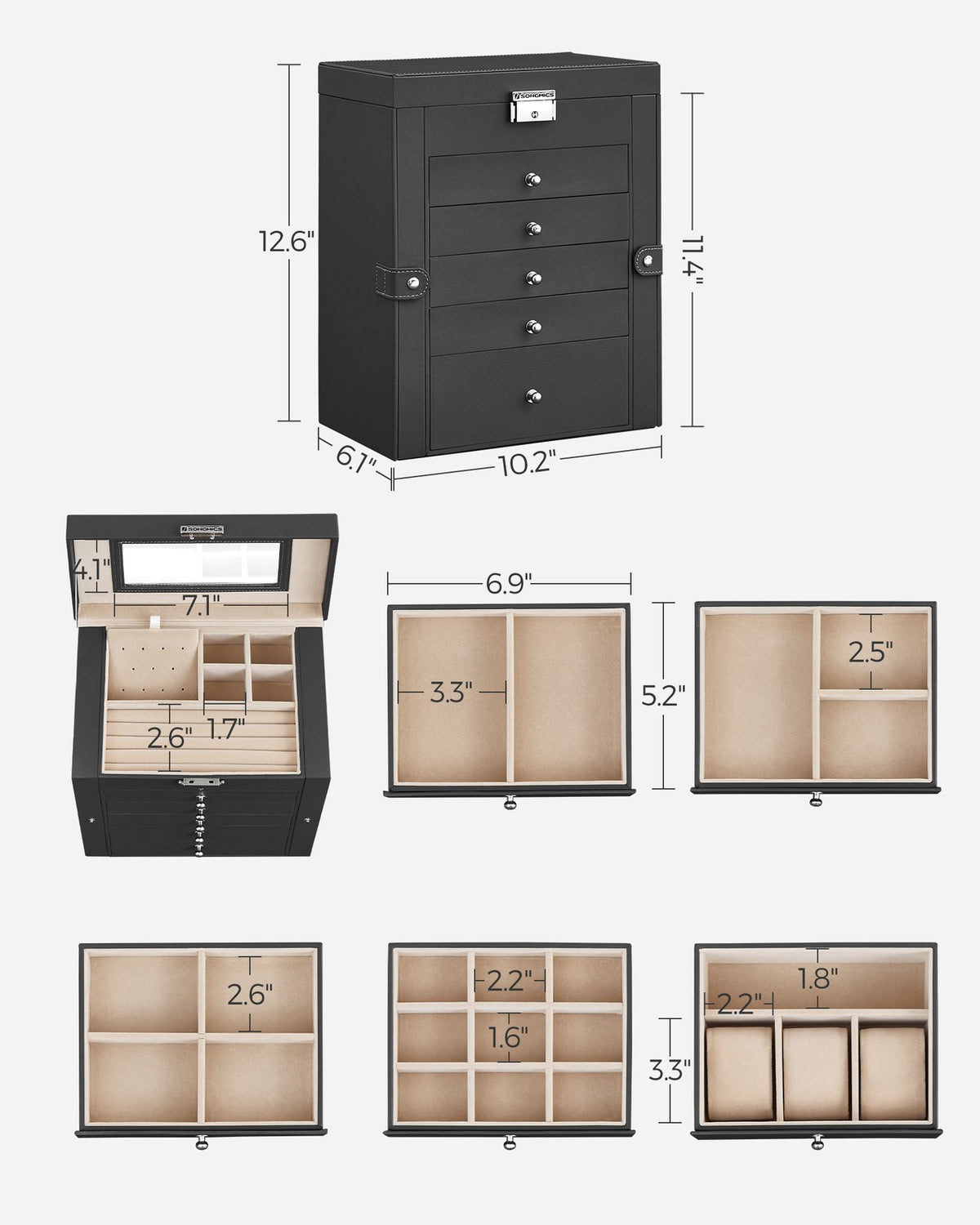 Jewelry Box, 6-Tier Large Jewelry Case with Drawers, Mirror and Lock