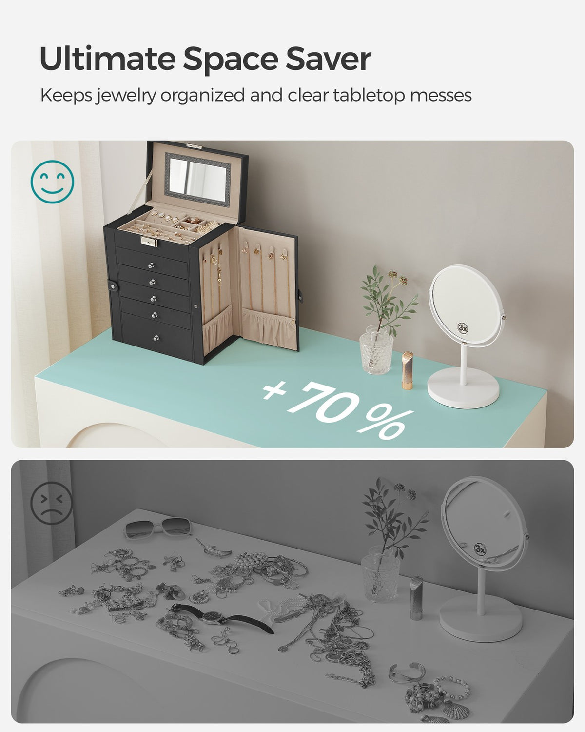 Jewelry Box, 6-Tier Large Jewelry Case with Drawers, Mirror and Lock