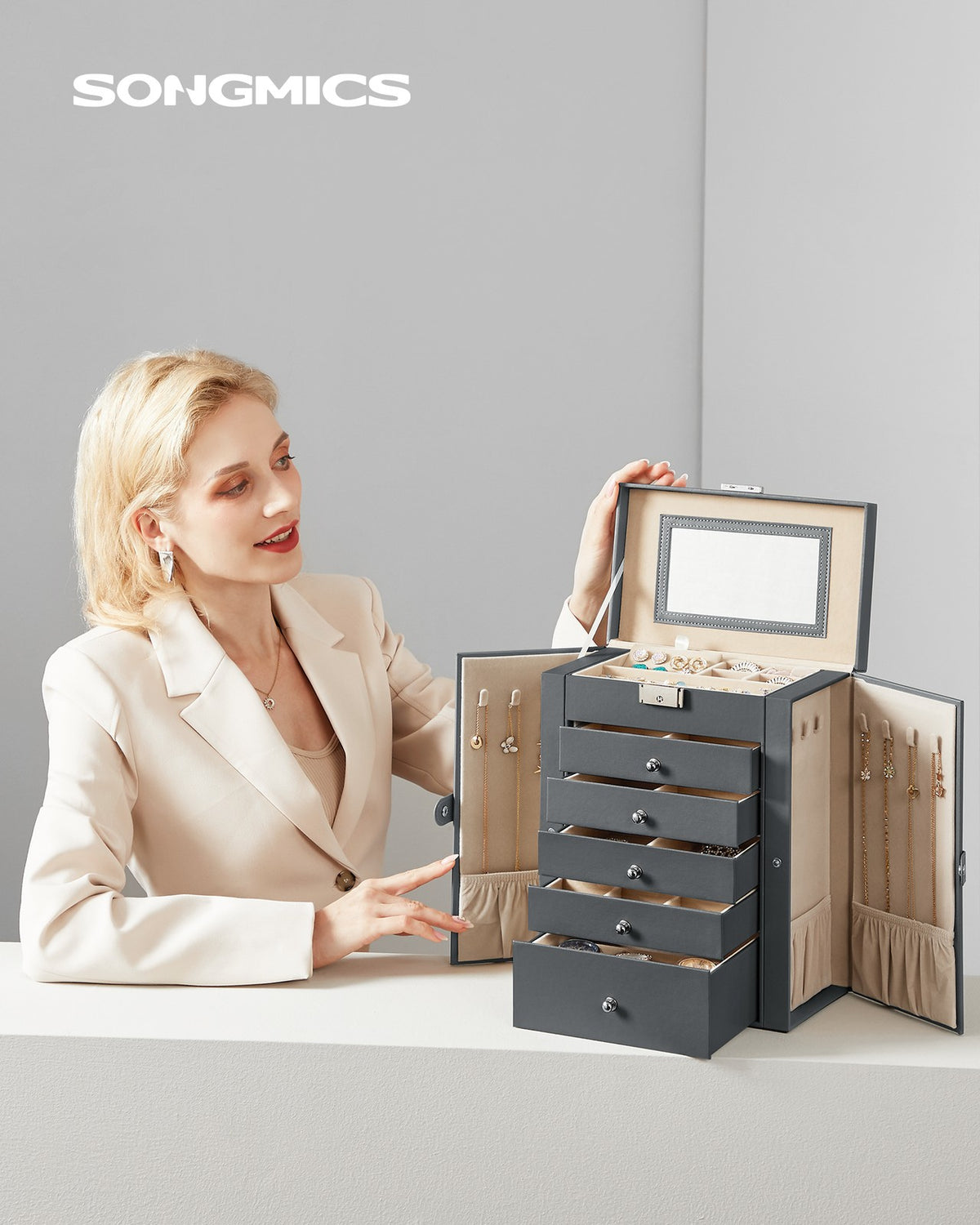 Jewelry Box, 6-Tier Large Jewelry Case with Drawers, Mirror and Lock