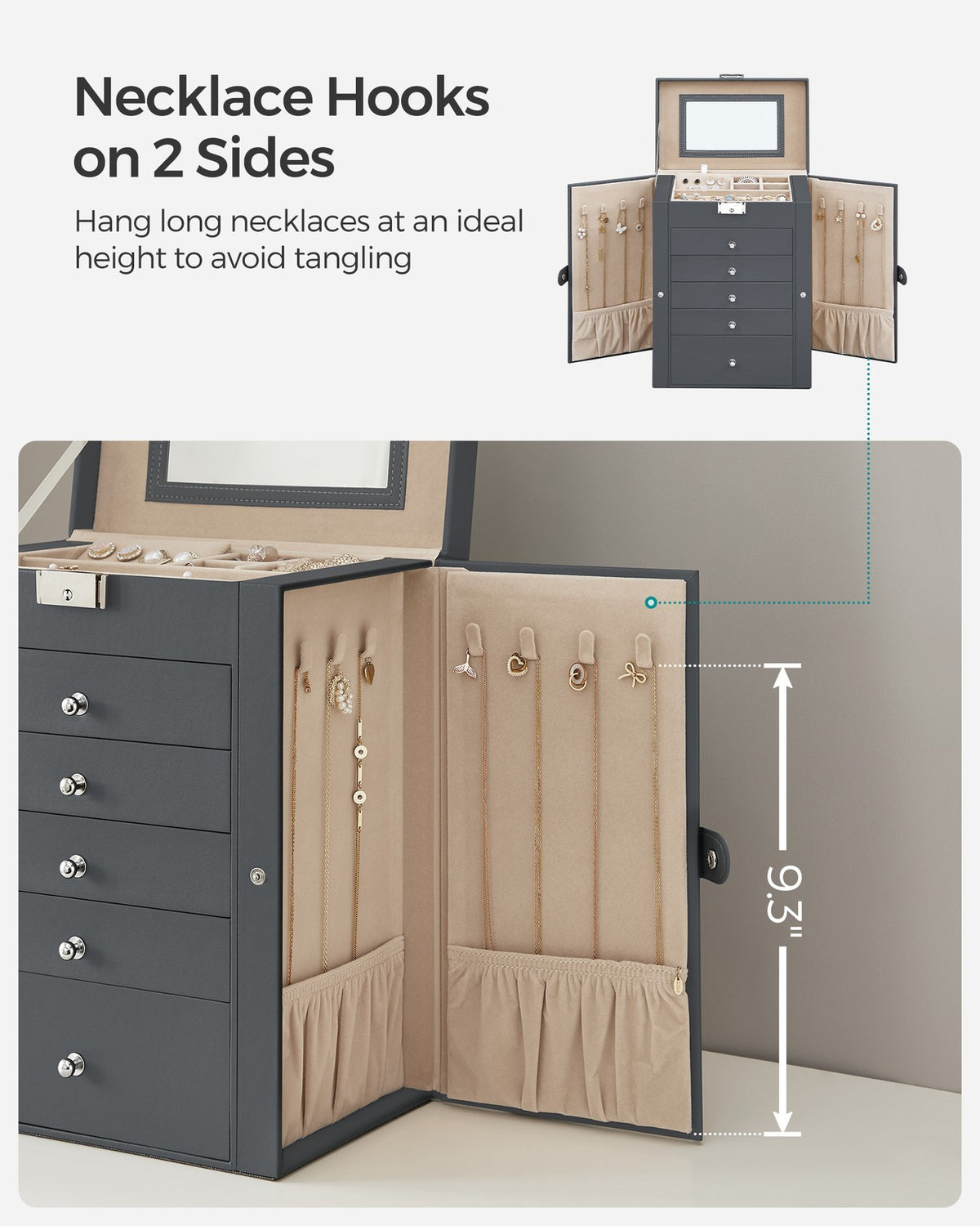 Jewelry Box, 6-Tier Large Jewelry Case with Drawers, Mirror and Lock
