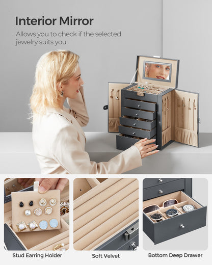 Jewelry Box, 6-Tier Large Jewelry Case with Drawers, Mirror and Lock
