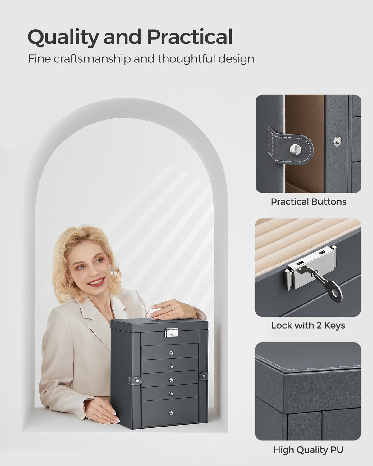 Jewelry Box, 6-Tier Large Jewelry Case with Drawers, Mirror and Lock