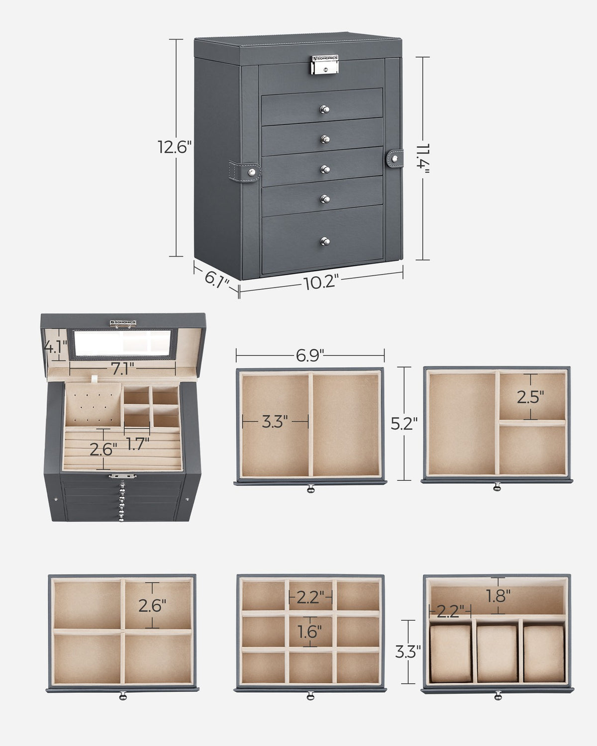 Jewelry Box, 6-Tier Large Jewelry Case with Drawers, Mirror and Lock