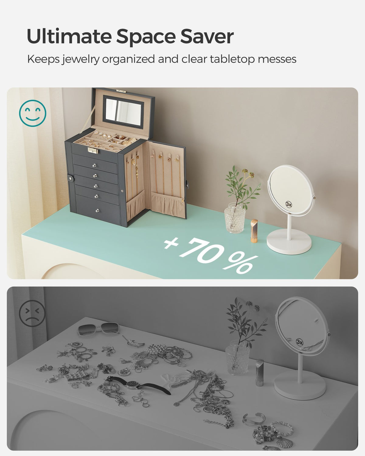 Jewelry Box, 6-Tier Large Jewelry Case with Drawers, Mirror and Lock