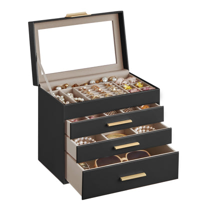 4-Layer Jewelry Box with Glass Lid for Big Jewelry - Ink Black + Gold / 4-Layer (6"D x 9.9"W x 8.5"H)