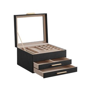 3-Layer Jewelry Box with Glass Lid, 2 Drawers